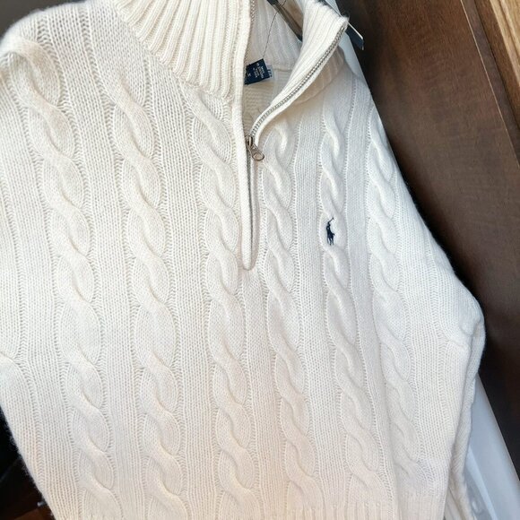 Polo Ralph Lauren CABLE WOOL CASHMERE HALF ZIP SWEATER CREAM AUTH - Picture 7 of 8